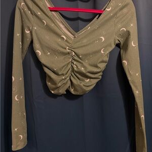 Olive Green Ruched Moon and Star Print Top